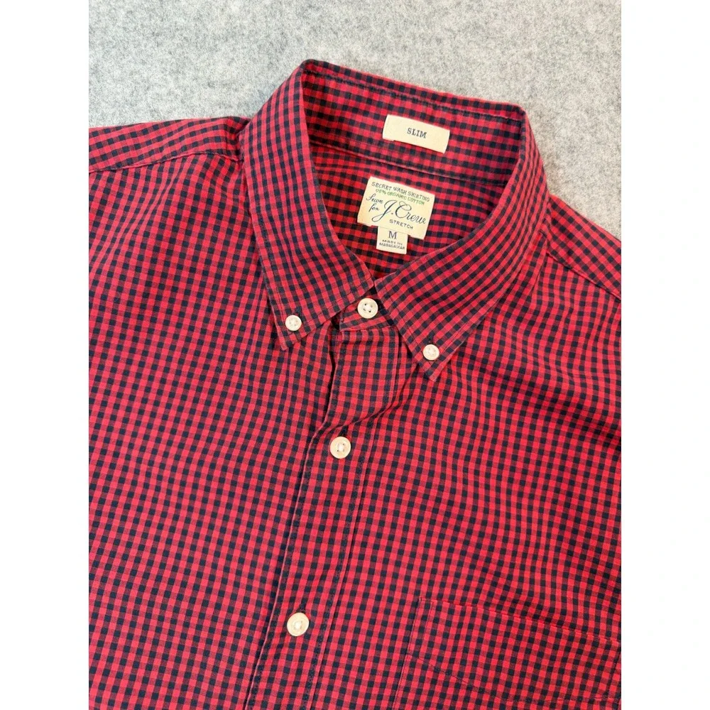 J.Crew Mens Secret Wash Slim Fit Gingham Button Down‎ Shirt Red Black Medium M